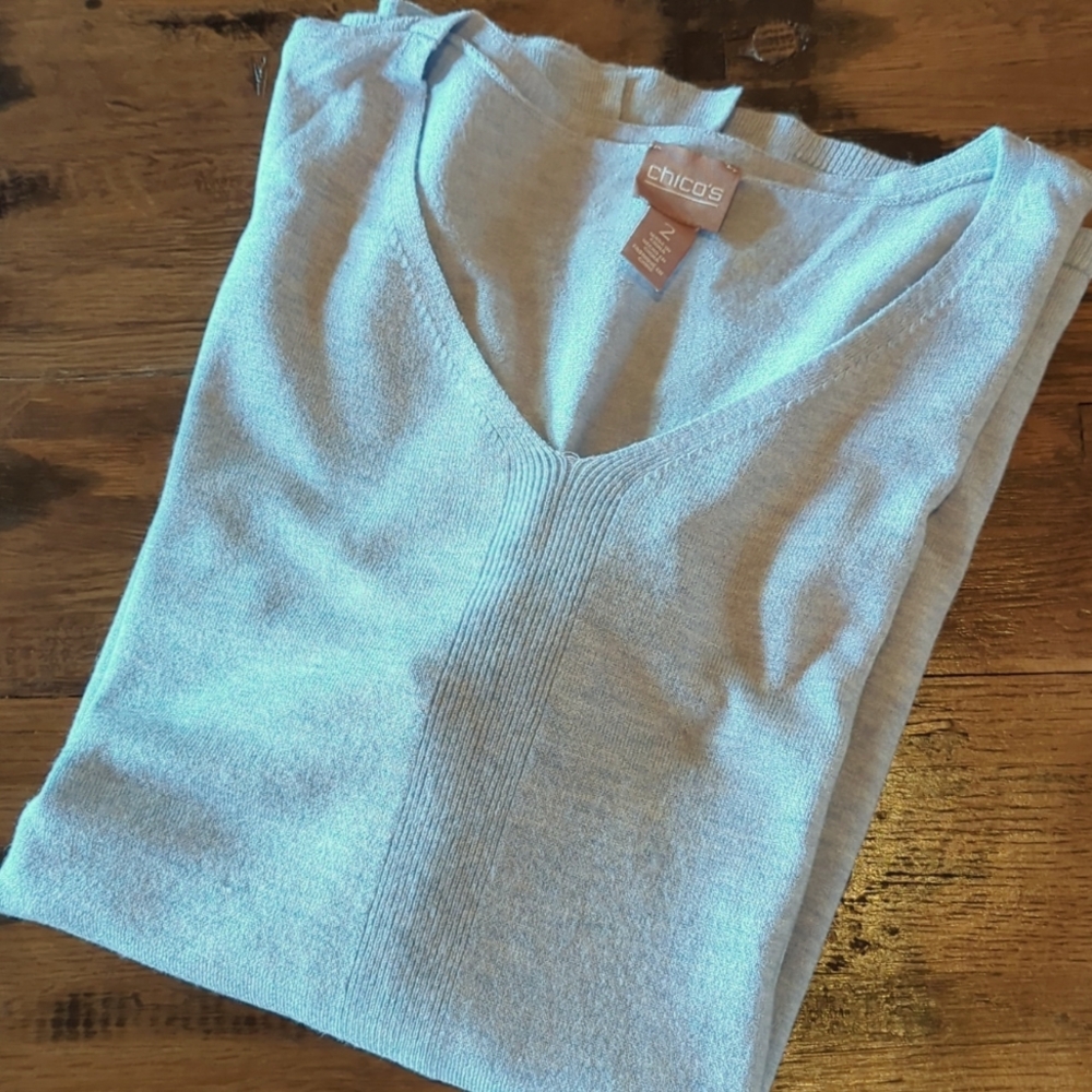 Heathered Baby Blue Lightweight Chico's Elbow Sleeve Sweater. Sz 12.